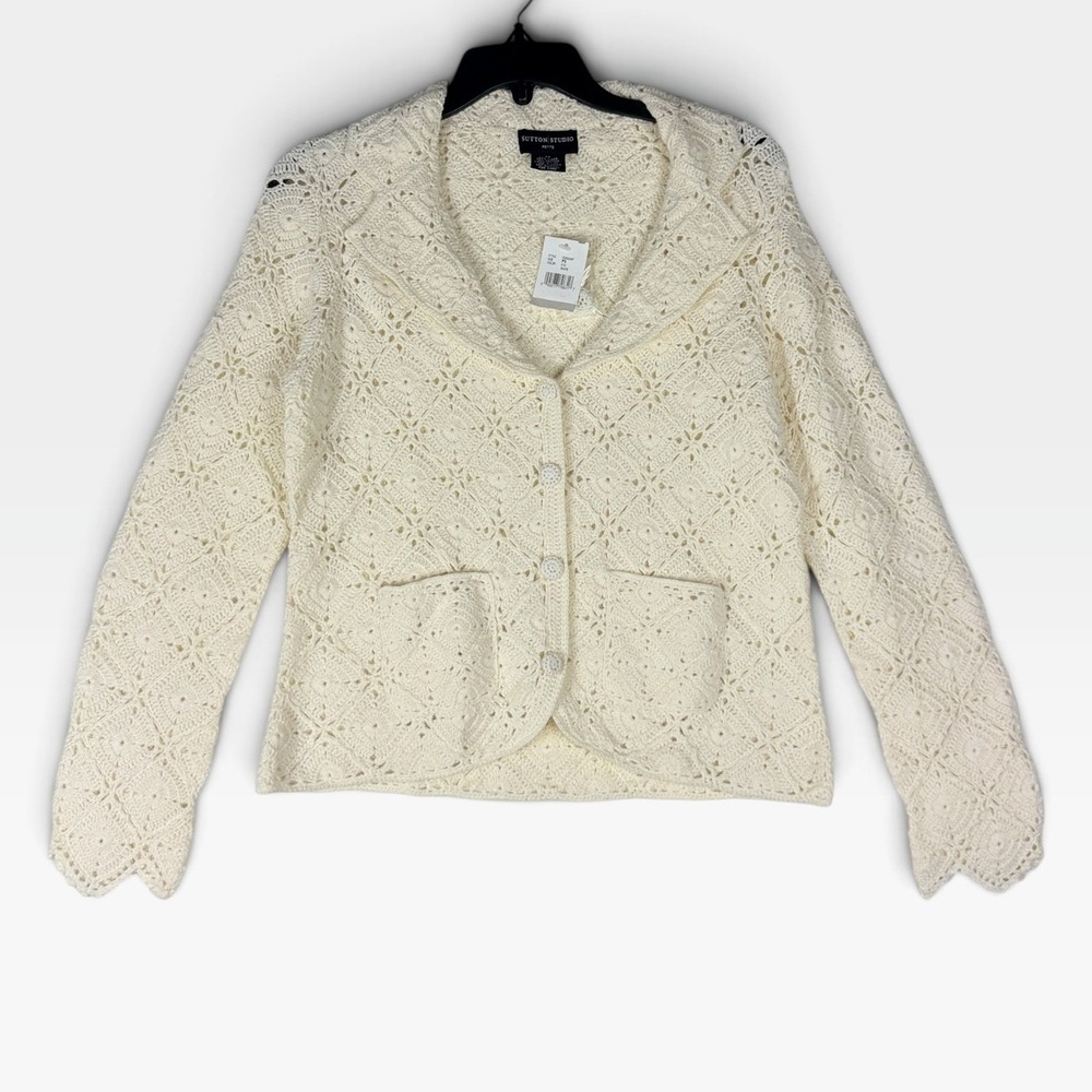 Sutton Studio Crochet Cardigan Sweater Petite Small White Linen Blend NWT